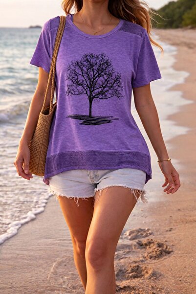 AGORATEKSTİL Tricou de damă din bumbac pieptănat, cu model de copac și detali...