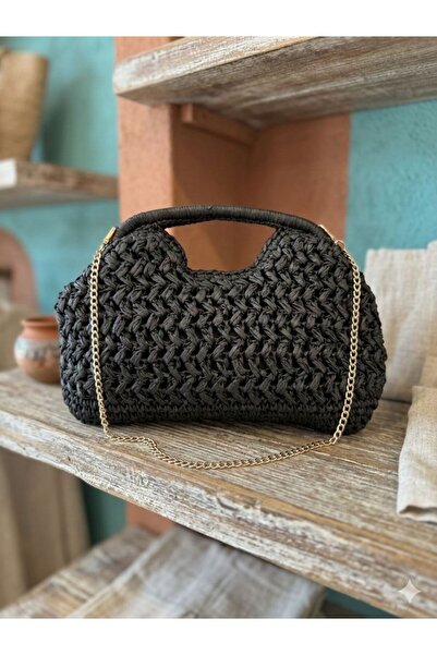 Axesoire NWC-1059 Μαύρη ψάθινη τσάντα με κορδόνι 34x26 εκ.