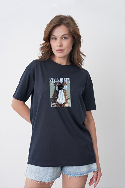 TREND EMMODA Tricou din bumbac bleumarin, cu imprimeu cu fotografii scrise, c...