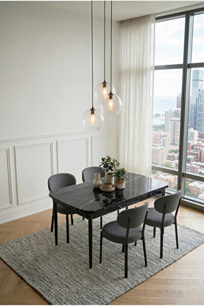 DEREN HOME Pufy Serisi 80x130 Açılabilir Masa +4 Adet Silinebilir Sandalye Ma...