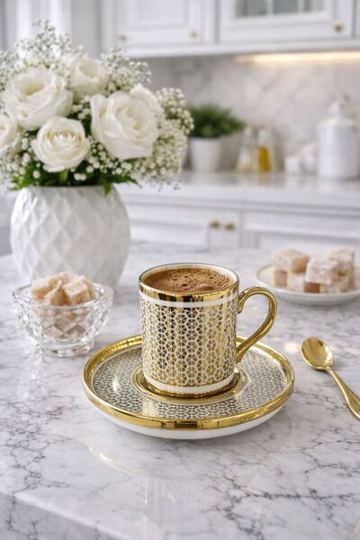 isra kristal Gold Patterned 6-Piece Coffee Cup Set - Porcelain Turkish Coffee...