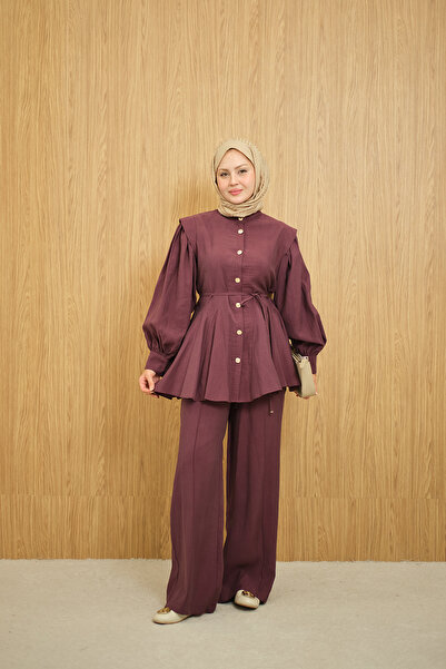 LOCCO Women's Waist Drawstring Gold Button Detail Trouser Suit Plum