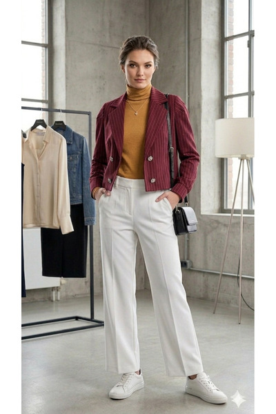 QUBERZ Women's Striped Crop Blazer Jacket - Short Jacket with 4 Buttons