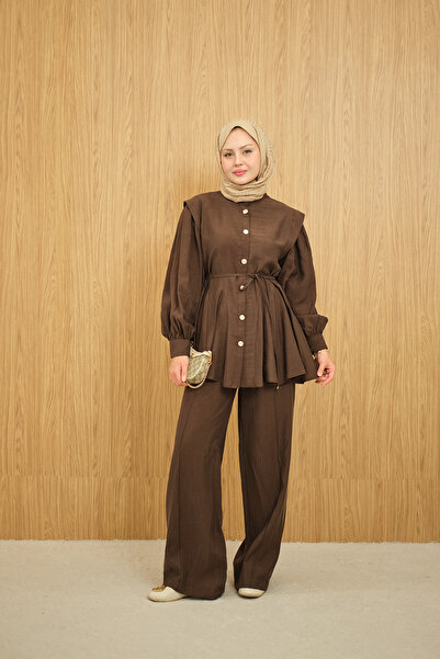 LOCCO Women's Waist Drawstring Gold Button Detail Trouser Suit Brown