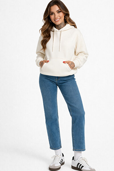 Trend Mixs Women's Ecru Hooded Sweatshirt with Kangaroo Pocket Oversize Relax...