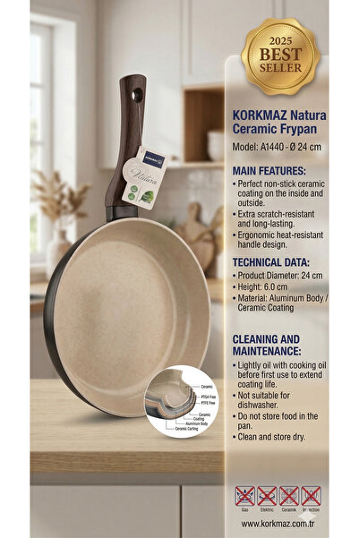 korkmaz züccaciye Korkmaz Natura Frypan 24 cm Ceramic Non-Stick Frying Pan, P...