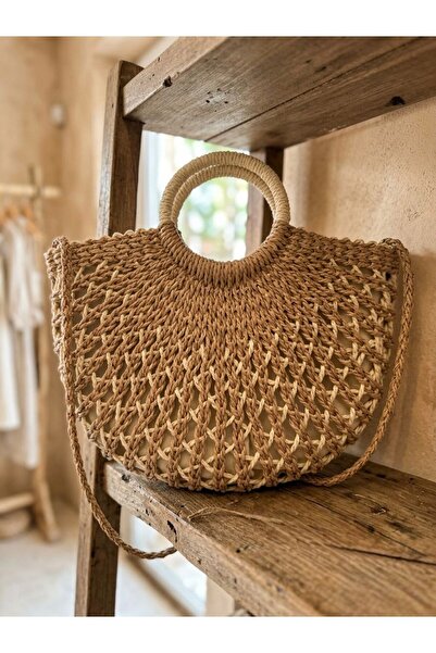 Axesoire NWC-1071 Camel Fermuarlı Hasır Çanta 43x36,5 cm