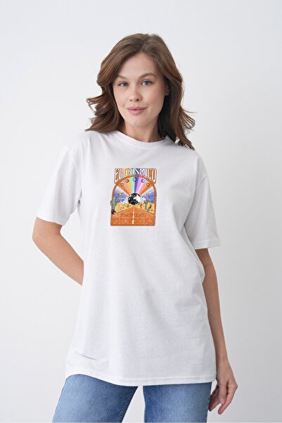 TREND EMMODA Tricou de damă din bumbac alb, cu tematică cosmică, cu detalii c...