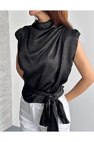 Butik Beyza Patterned Satin Fabric Degaje Collar Blouse