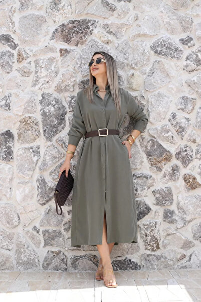 bytugcekaya Khaki Modal Fabric Suede Belted Dress