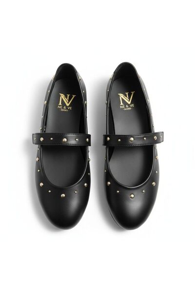 NE&VE SHOES Siyah Deri Pim Detaylı Yuvarlak Burunlu Kadın Günlük Babet