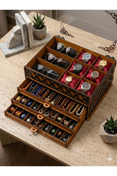 URFA LAZER Kişiye Özel Ahşap 4 Katlı Gözlük Saat Kolye Tesbih Koleksiyon Kutu...