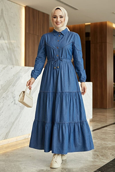 Hb Harma Time Butik Women's Lace Detailed Buttoned and Laced Dark Blue Denim ...