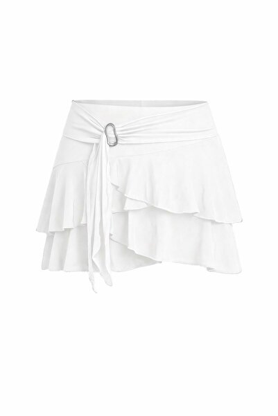 MYCPARL Νέα σεζόν Λευκή ασύμμετρη φούστα με βολάν και λεπτομέρεια αγκράφας, μ...