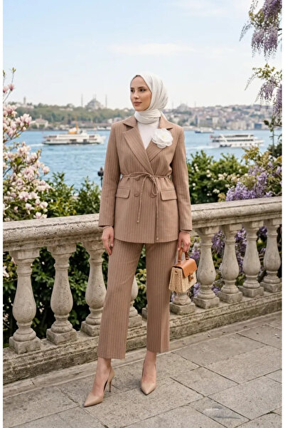 sefamerve Striped Buttoned Jacket and Trousers Two-Piece Set 50021-03 Mink