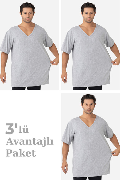 Arma Yıldız 3-Pack Gray Men's V-Neck Short Sleeve Plus Size T-Shirt 100% Cott...