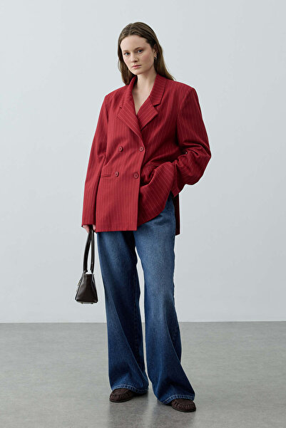 Fahhar Kruvaze Çizgili Oversize Blazer Ceket Kırmızı