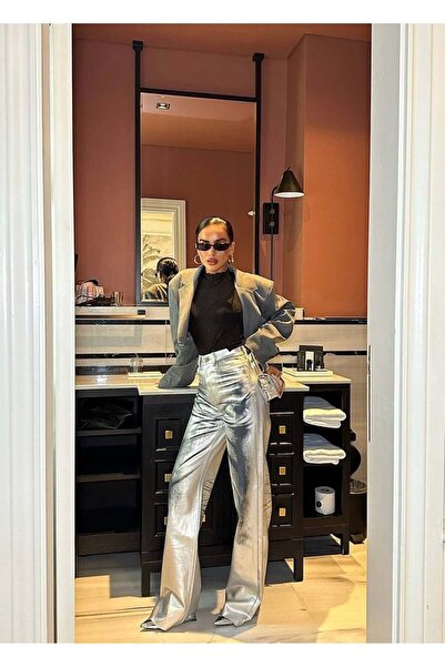 HerTon Γυναικείο Μεταλλικό Παντελόνι Ψηλόμεσο με Φαρδιά Μπατζάκια και Γυαλιστ...