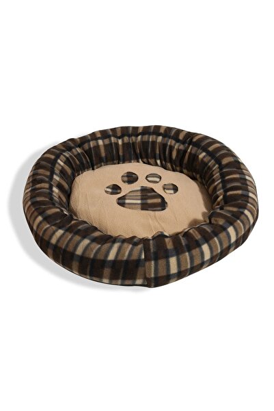 ZanaCasei Στρογγυλό Καφέ Κρεβάτι Σκύλου από Ψεύτικη Γούνα με Καρό Σχέδιο Πατο...