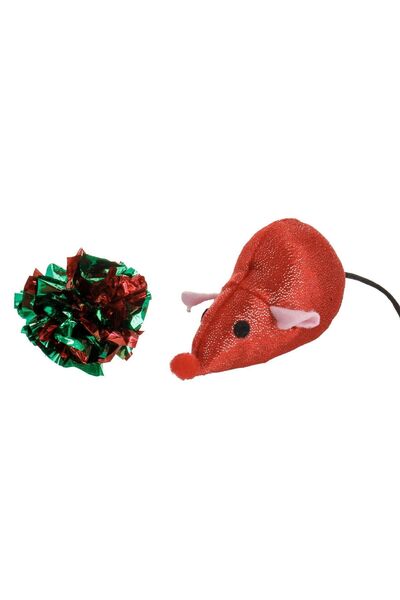 ZanaCasei Christmas Toy Red Mouse with Pompom for Cat - 2pcs