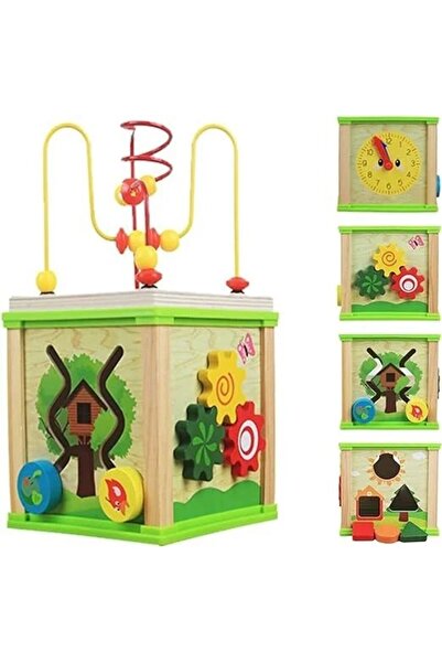 SARALMA Cub de activitati Montessori din lemn cu labirint de margele, sortato...