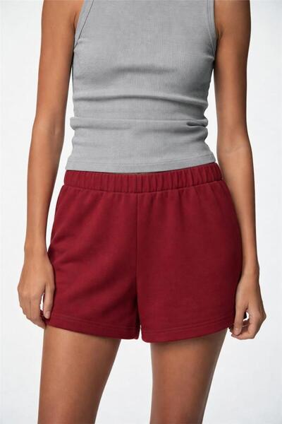 WeShaya Red Cotton Three Thread Elastic Waist Relaxed Fit Soft Textured Short...