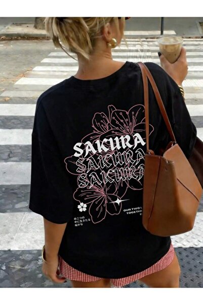 MOONBULL تي شيرت نسائي كبير الحجم مطبوع عليه زهرة الساكورا من الخلف