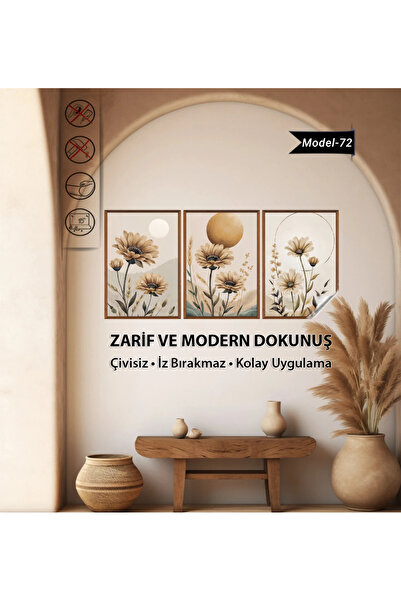 Tutunabilir Kağıt Statik Tutunma Özellikli 3’lü Çiçek Tablo Seti – Modern Dek...