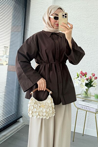 MELEK ARAZ Premium Guipure Piping Poplin Shirt Tunic - Brown