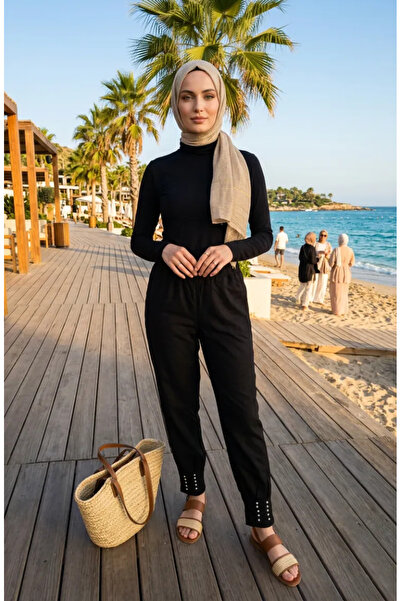 sefamerve Παντελόνι με ελαστική μέση και πέτρες στα μπατζάκια 71101-01 Μαύρο