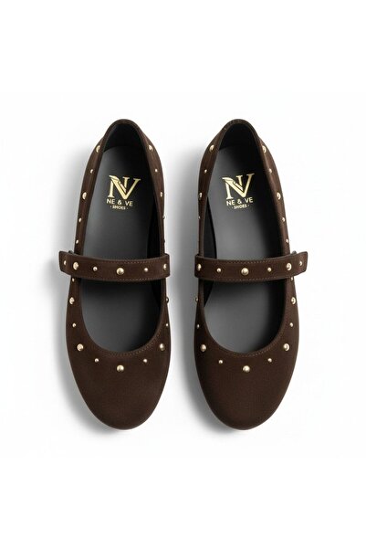 NE&VE SHOES Kahve Süet Pim Detaylı Yuvarlak Burunlu Kadın Günlük Babet