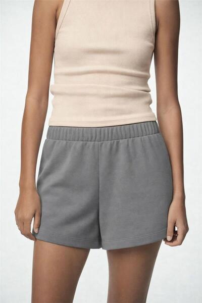 WeShaya Gray Cotton Three-Thread Elastic Waist Relaxed Fit Soft Textured Shor...