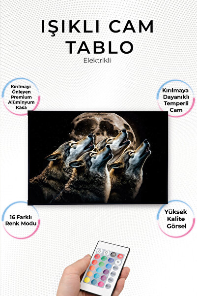 Modern Işıklı Kurt Ve Ay Tasarımlı Cam Tablo