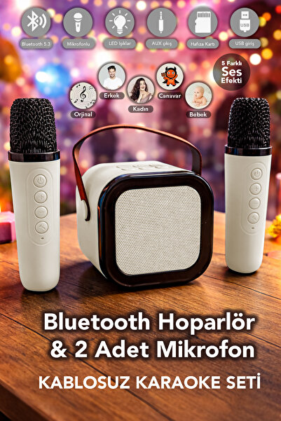Saule Çift Mikrofonlu Karaoke Bluetooth Hoparlör Rgb Led Işıklı 5 Efektli Ses...