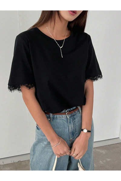 MOONBULL Tricou cu mânecă scurtă, cu guler rotund, din dantelă contrastantă, ...