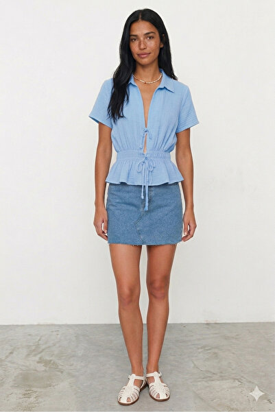 SPICA STORE Women's 100% Cotton Muslin Blouse with Tie Detail and Gathered Wa...