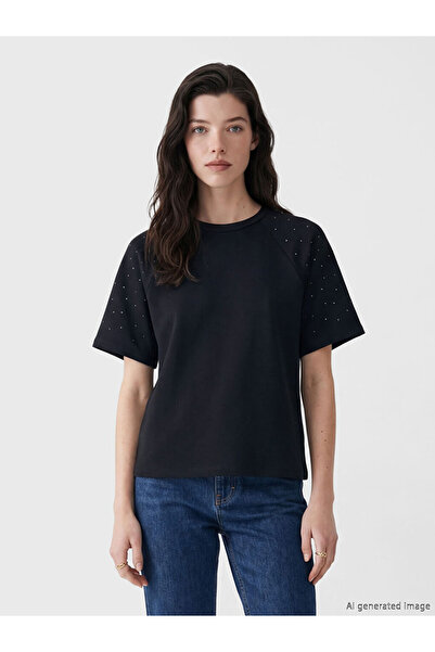 LC Waikiki Lcw Comfortblack Crew Neck Women's T-Shirt with Stones