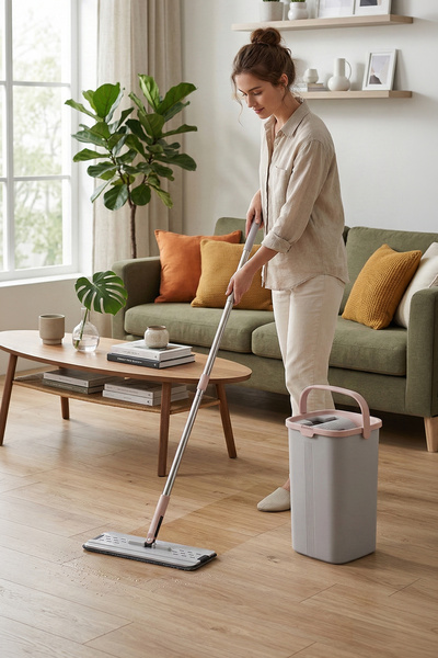 Lavine Flat Mop Temizlik Seti Dik Kovalı Tablet Mop Paslanmaz Çelik Saplı Premium Kova
