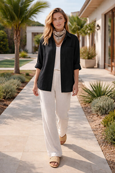 Hola Lady Keten oversize salaş gömlek SİYAH