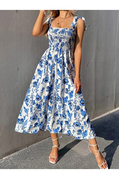M&G PREMIUM BOUTIQUE Women's Blue Floral Patterned Midi Dress with Straps, Co...