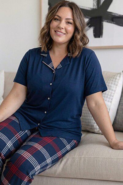 Pijamaevi Σετ γυναικείες πιτζάμες από μπαμπού, καρό σε μπλε ναυτικό χρώμα, με...
