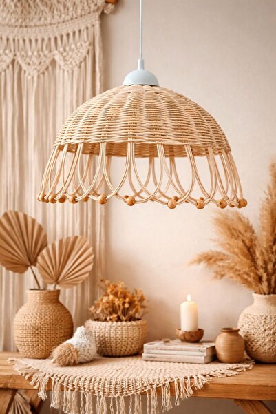 nndsgn Rattan bambu hasır avize 30 cm capinda (beyaz duy)