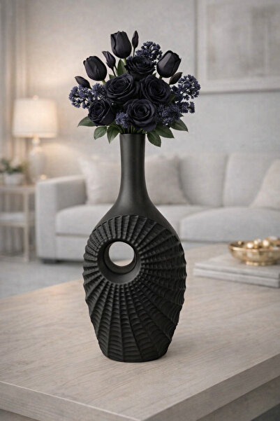 Lui Tasarım مزهرية سيراميك عصرية أنيقة باللون الأسود مقاس 42 سم