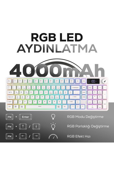 Hawk Gaming Chair HK258 Membrane LCD RGB Kablosuz/Bluetooth Beyaz Full Türkçe Gaming Oyuncu Klavye
