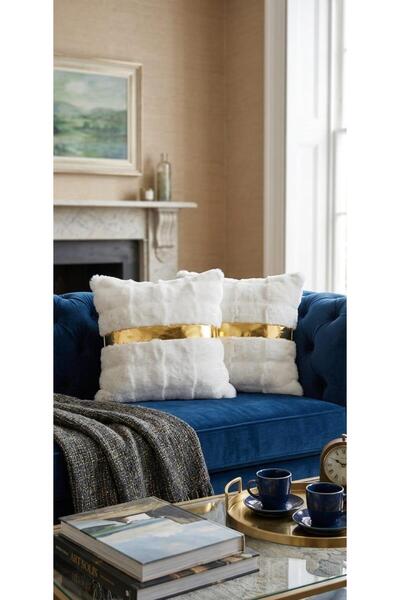 DAHABELLA LUXE HOME Set of 2 Soft Rabbit Fur Plush Cushion Covers - Gold Stri...