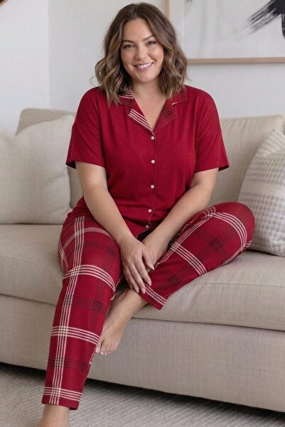 Pijamaevi Κόκκινο καρό σετ γυναικείας πιτζάμας από μπαμπού, μεγάλου μεγέθους,...