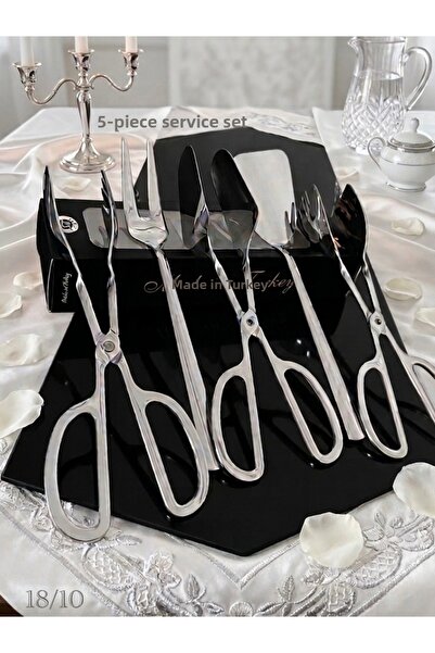 LeesHome Luxury Silver Serving Salad Cake Pasta 5 Piece Tongs Set 18/10