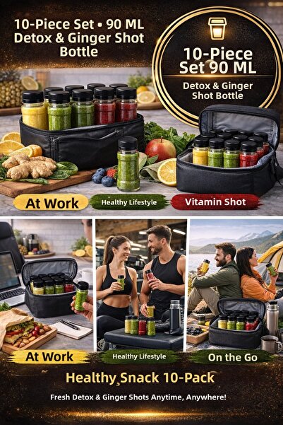 Open Home Concept 10-Pack Black Cap Detox Ginger Vitamin Shot Bottle I Plasti...