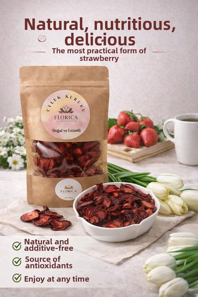 FLORİCA TOHUM & DOĞAL BESİNLER 50 g Dried Strawberries 100% Natural, Sugar-Fr...
