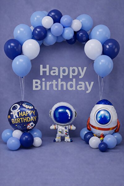 Baloncu Nene Space Themed Birthday Balloon Set Silver Banner Astronaut Shuttl...